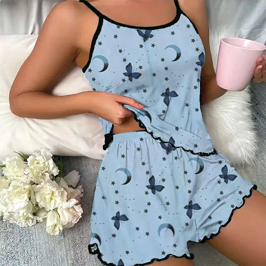 European and American Heart Print Summer Camisole and Shorts Set - Women's Casual Home Wear