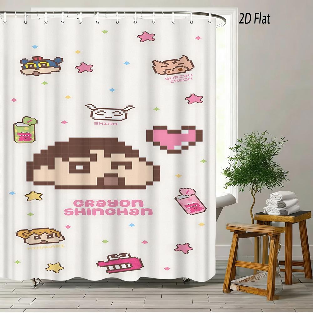 Crayon Shin-Chan Flame Ninja Z Themed 2D Print Waterproof Shower Curtain, Flying Shin-Chan With Family & Shiro Colorful Cityscap