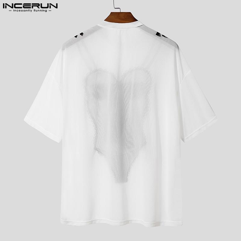 INCERUN Men Short Sleeves Funny Print See Through Casual Losee Tee Tops