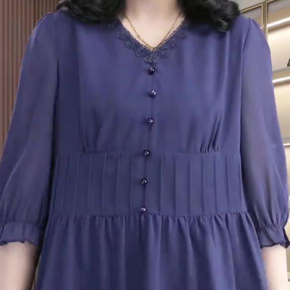 2025 Spring Casual Chiffon A-Line Princess Top - Plus Size Women's Three-Quarter Sleeve Shirt
