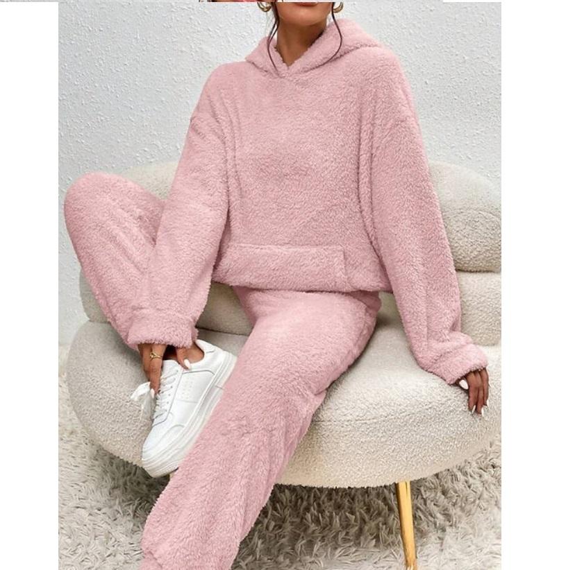 Autumn and Winter Solid Color Women's Hooded Long Sleeved Patch Pocket Casual Pants Home Two-piece Set