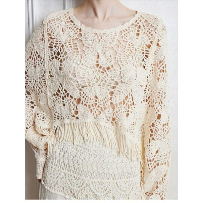 And American Autumn New Round Neck Crocheting Butterfly Hollow Tassel Short Loose Long Sleeve All-Match Cover Up Sun Protection Clothing Women
