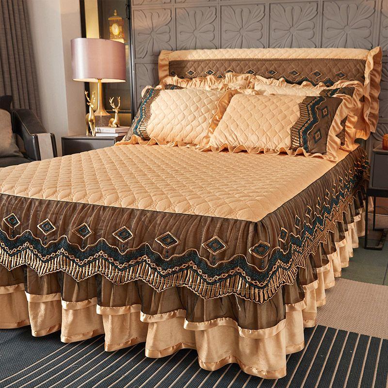 1pcs Luxurious European Quilted Crystal Velvet Bed Skirt Set with Lace Trim - Warm, Thick,1 Bed Skirt