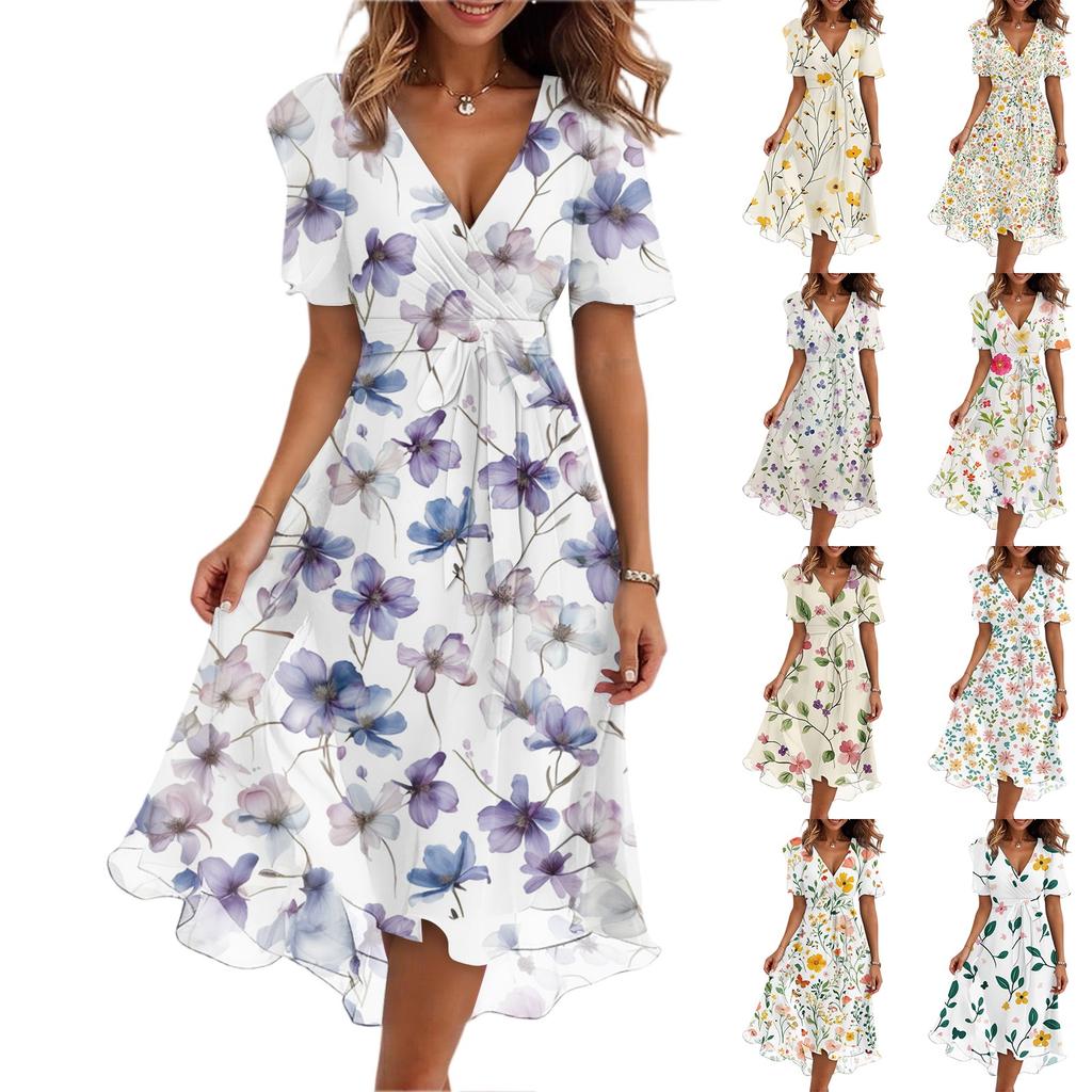 Damenmode Lässig V-Ausschnitt Kurzarm Rüschen Vintage Bedruckte Kleider