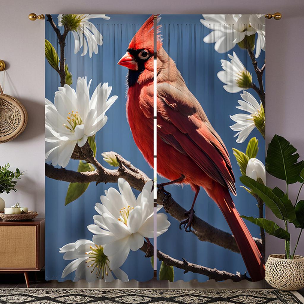 2 pieces of HD pear tree bird decorative curtain Blue tie digital printed curtain Home decoration style decoration living room b