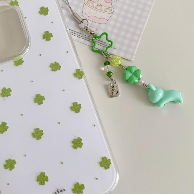 Beaded Clovers Leaf Mobile Charm Youth Trendy Phone Decors Charm Cartoon Acrylic Keychain Lucky Bag Hanging Decoration