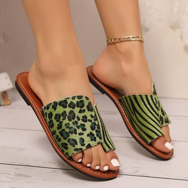 Women's Leopard Print Flat Slippers Summer Outdoor Breathable Non-Slip Comfort Casual Beach