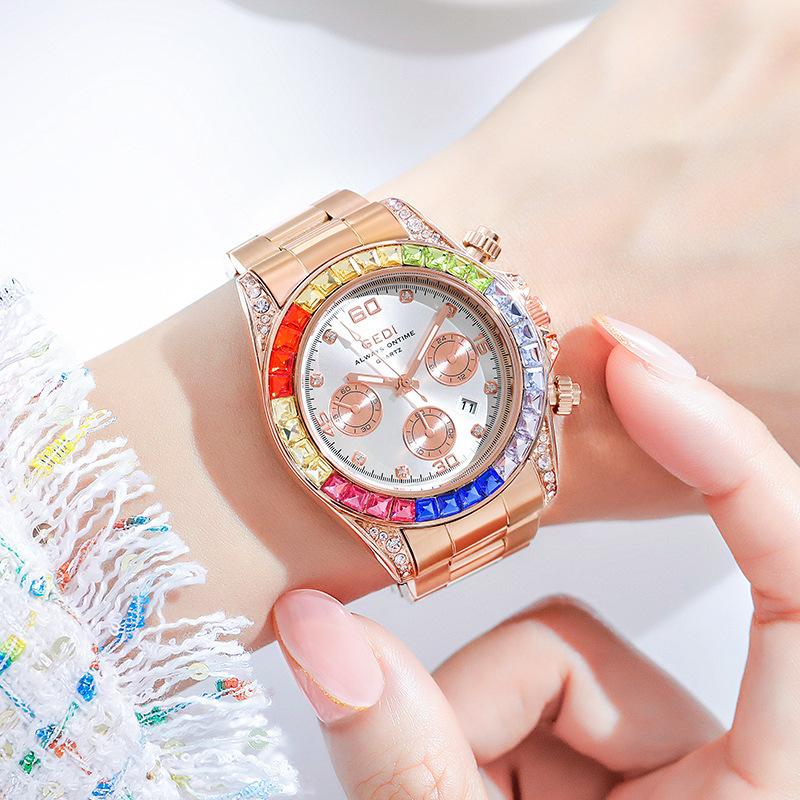 Ladies Fashion Rainbow Circle Three Eyes Diamond Calendar Watch Casual Waterproof Quartz Steel Belt Watch