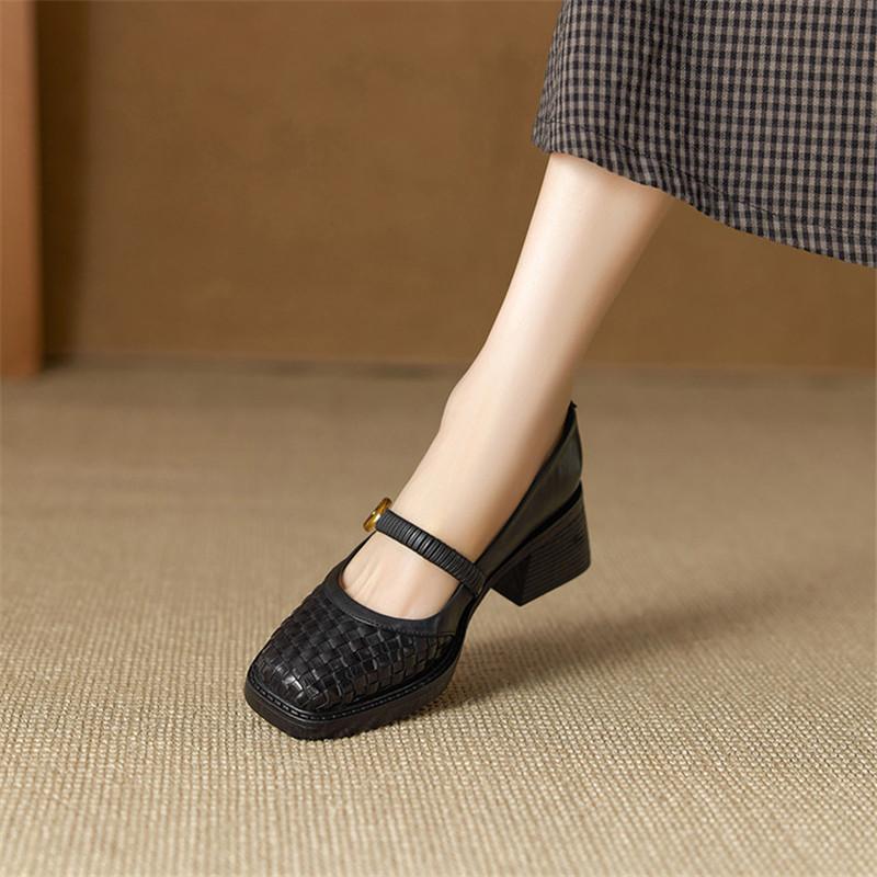 Fashion New Spring/autumn Genuine Leather Women Shoes Square Toe Mary Jane Shoes for Women Fashion Retro Chunky High Heels Women Pumps