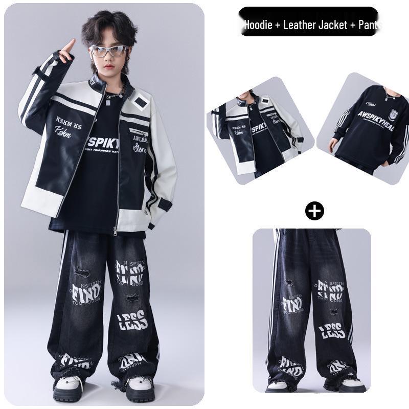 Neujahr Kinder Hip Hop Tanz Outfit - Amerikanische Trendige Lederjacke & Performance Set