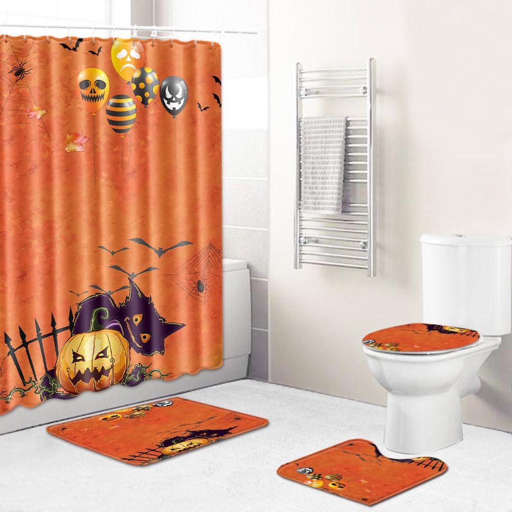 Halloween Shower Curtain Floor Mat Combination Four-Piece Set Bathroom Toilet Carpet Shower Room Mat Foot Mat