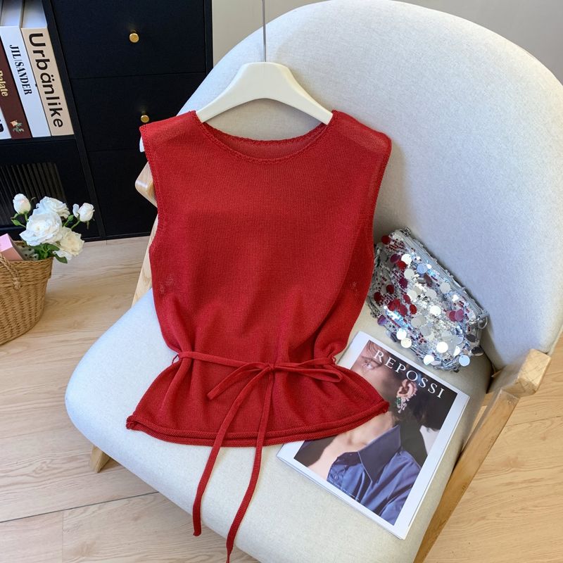 

Счетчик Снятие Отрежьте бирку Облегающий талию Шнуровка Без рукавов Вязаный жилет Женский Летний Новый Маленький Западный стиль Шикарный топ Red S