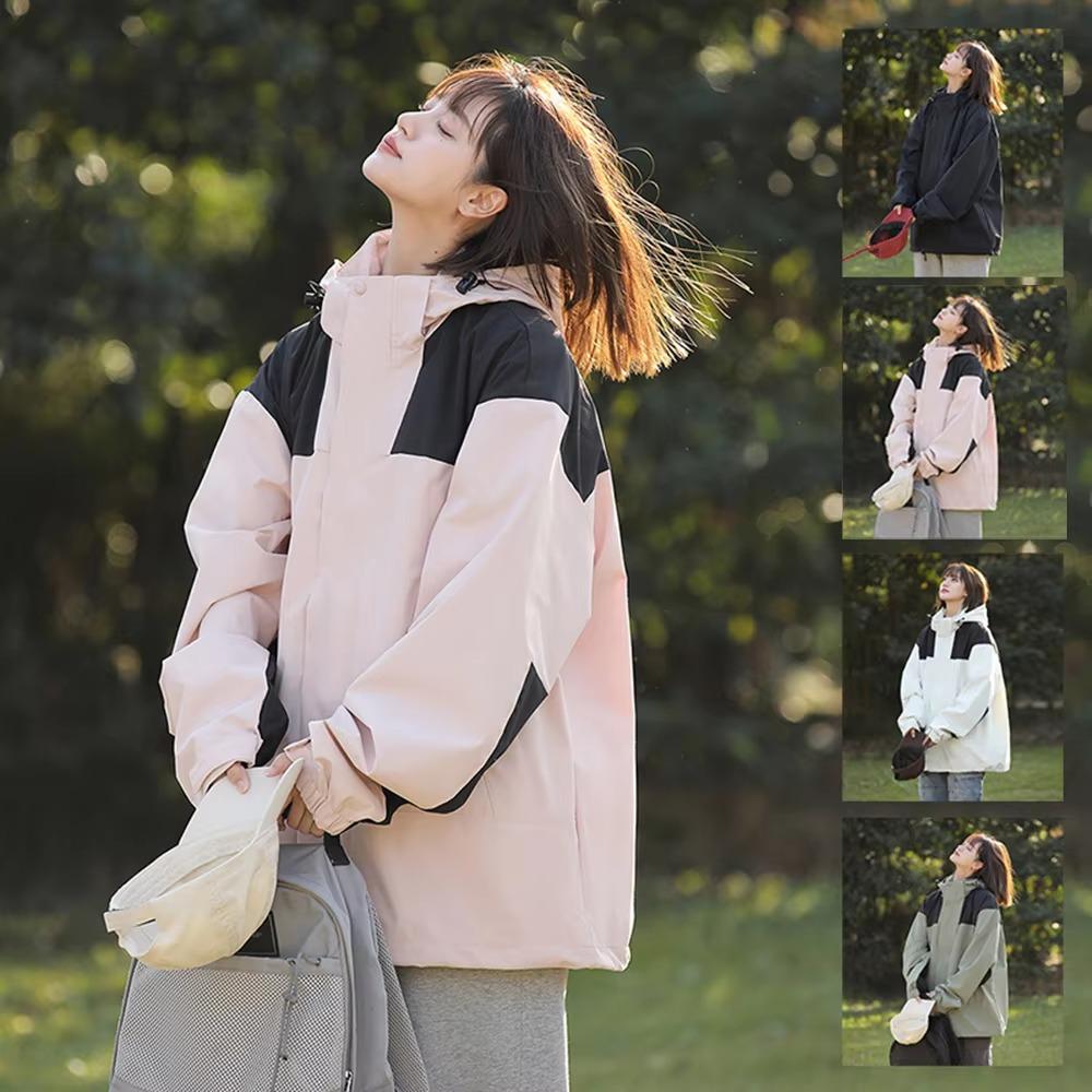 Women's Casual Outdoor Contrast Color Waterproof Hooded Jacket Autumn Winter Unisex Zipper Closure Lightweight Windbreaker for Hiking Camping