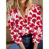 Fashion Women's Clothing, Red and White Love Full of Lapel Shirts, Loose Long Sleeves, Sweet Design Sense, Daily