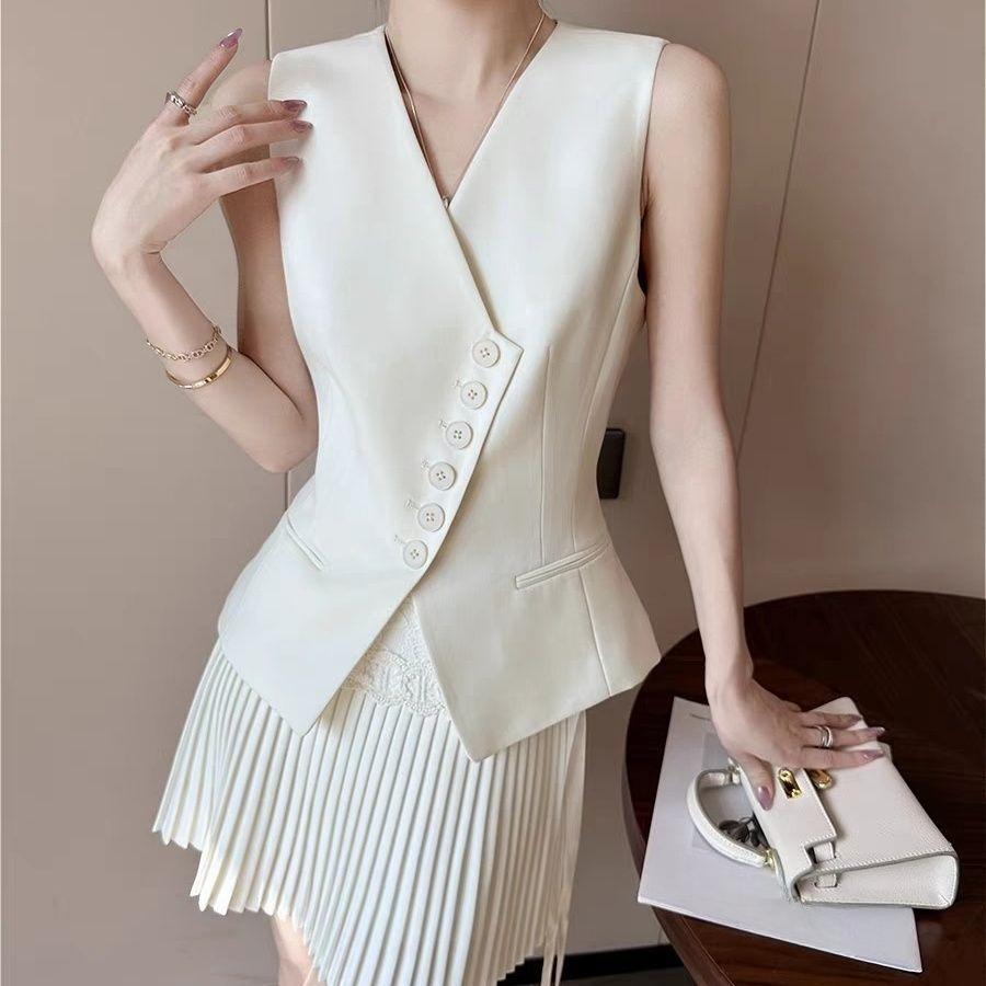 Fashion Diagonal Button Blazer Vest for Women Layered Office Wear Sleeveless Outwear Clothes