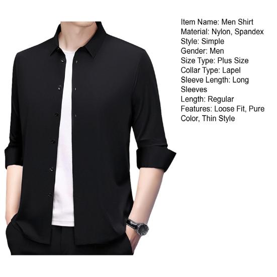 Men Shirt Lapel Long Breasted Shirt Color Elastic Fabric Tops Pure Sleeve Single Lightweight Breathable Shirt