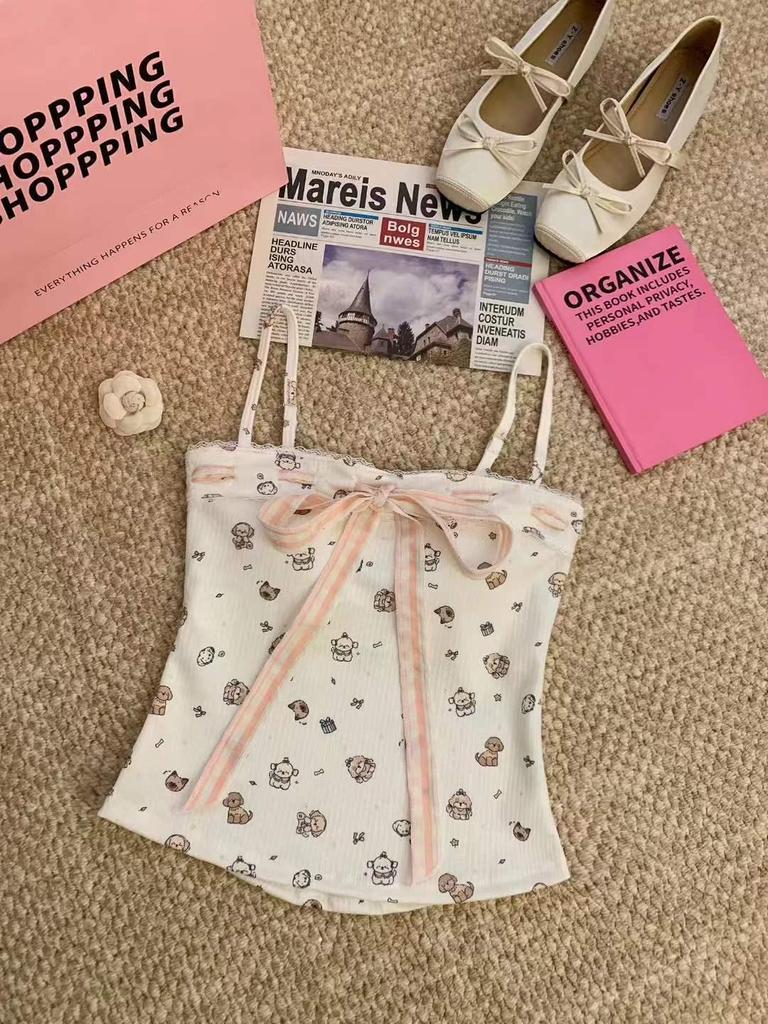 2026 Spring/Summer Slimming Bow Tie Camisole Vest with Padded Bust and Fun Print for Women