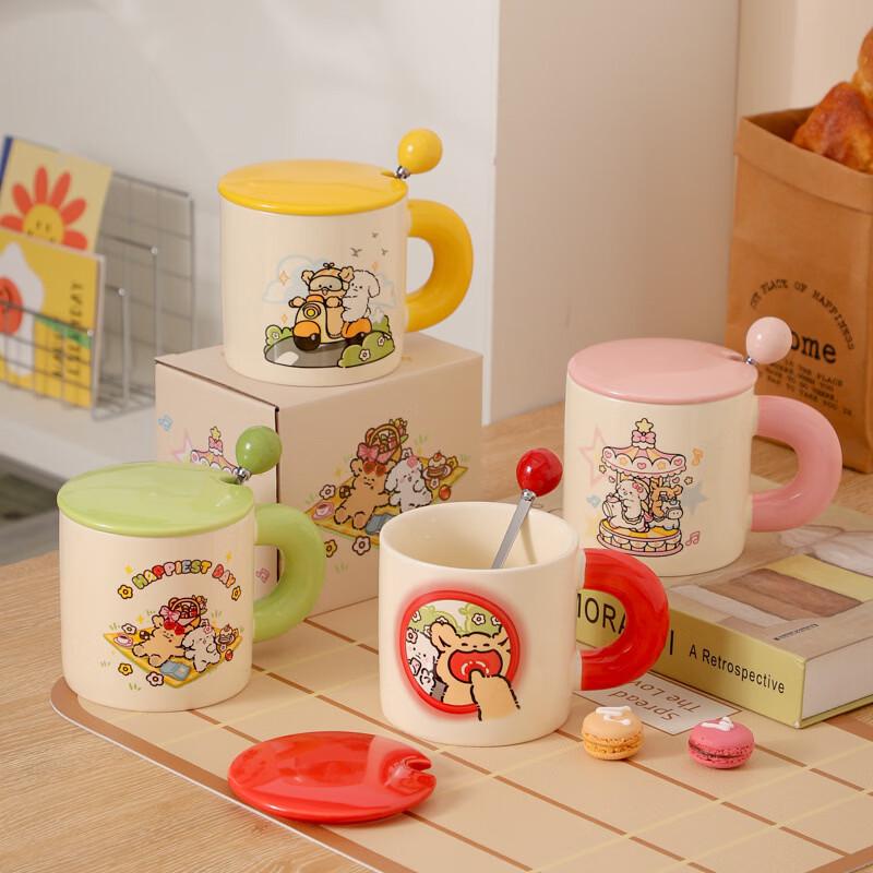 OLOEY Cartoon Puppy Ceramic Mug with Lid and Spoon