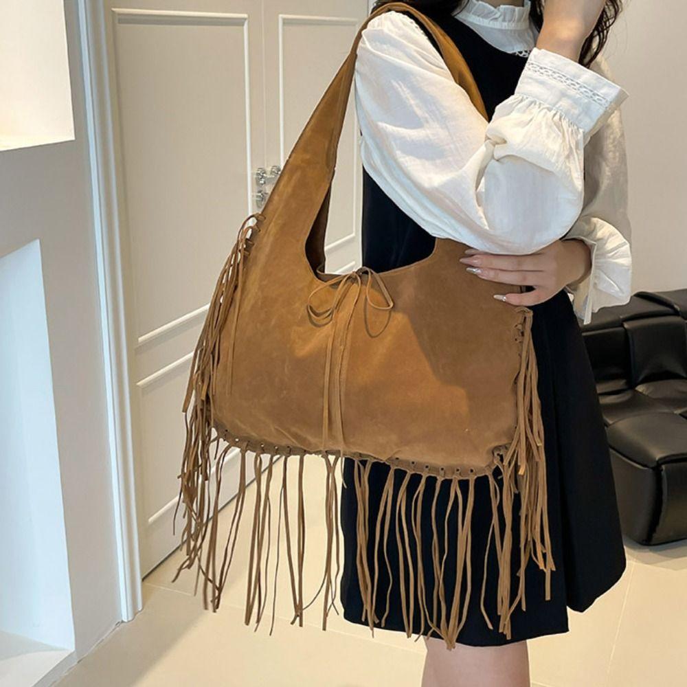 Solid Color Suede Handbag Tote Bag Underarm Packs Casual Tassel Shoulder Bag  Travel