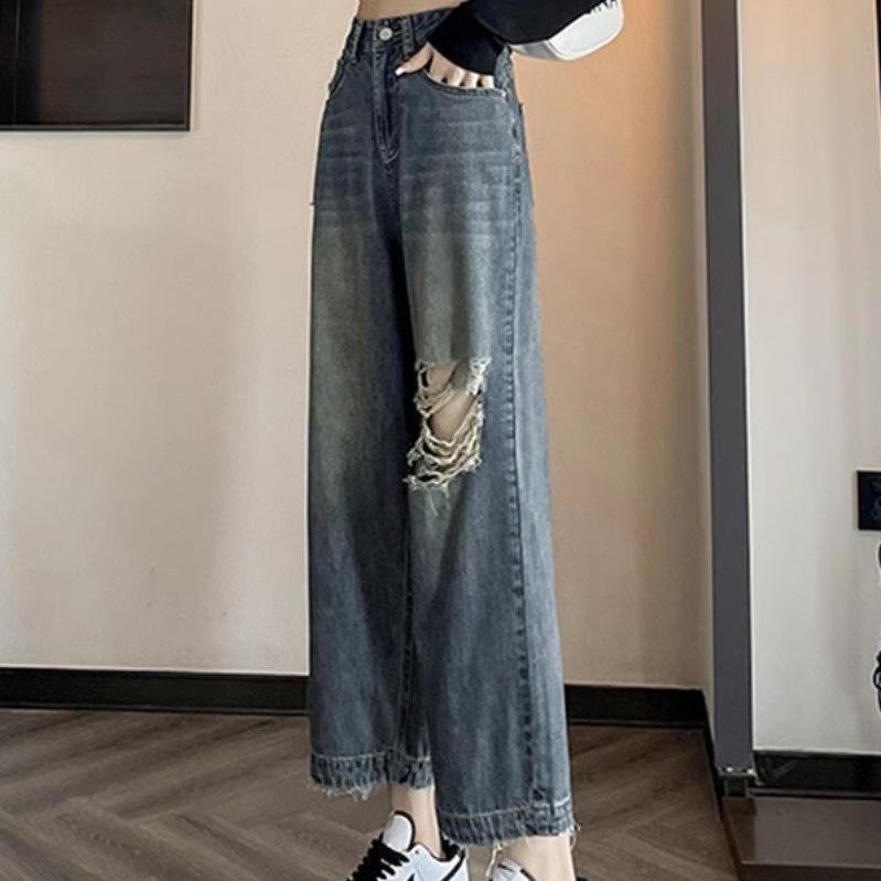 Hong Kong Retro Women's Ripped Slimming Wide-Leg Jeans, Nine-Tenth Length, Summer 2026 Style