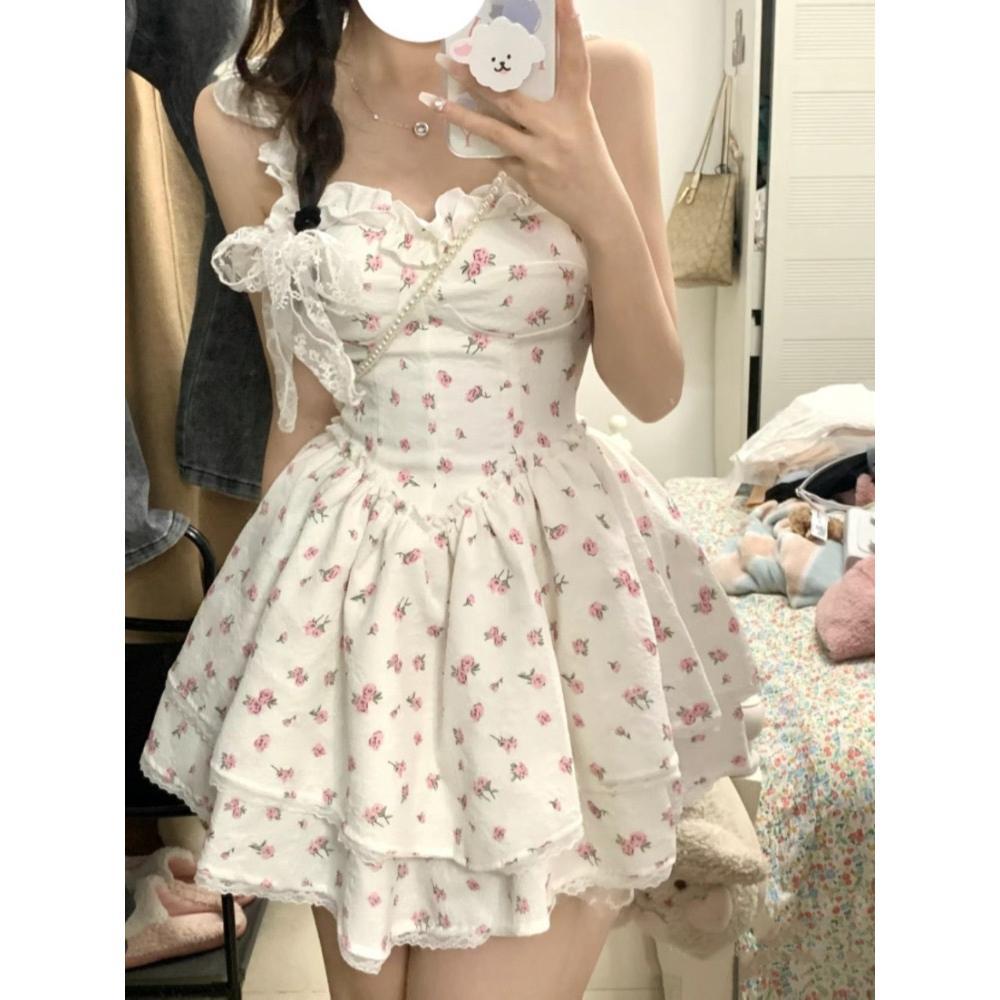 Small waist skirt short skirt tall floral suspender dress women's summer tutu