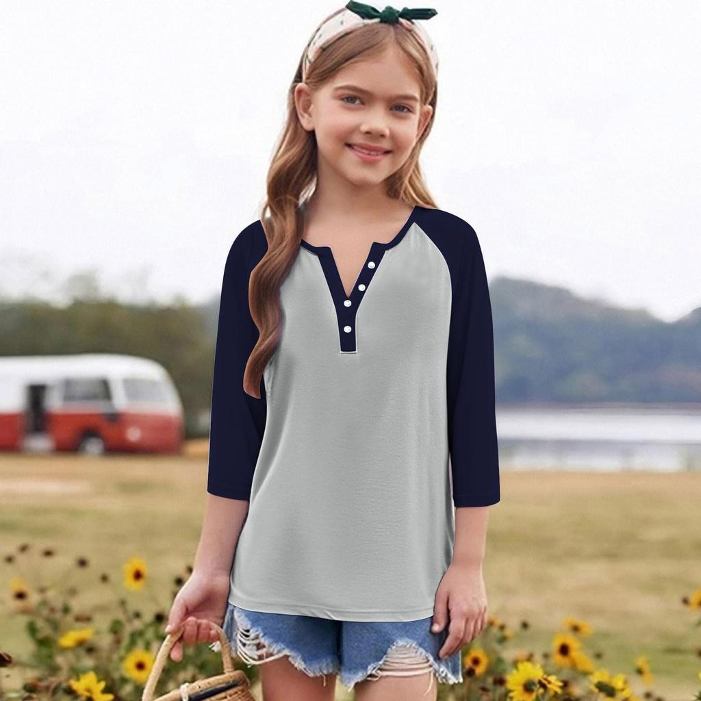 Print Tops For Youth Girls Round Neck 3/4 Sleeves T-Shirts Trendy Tops Outfit Tees
