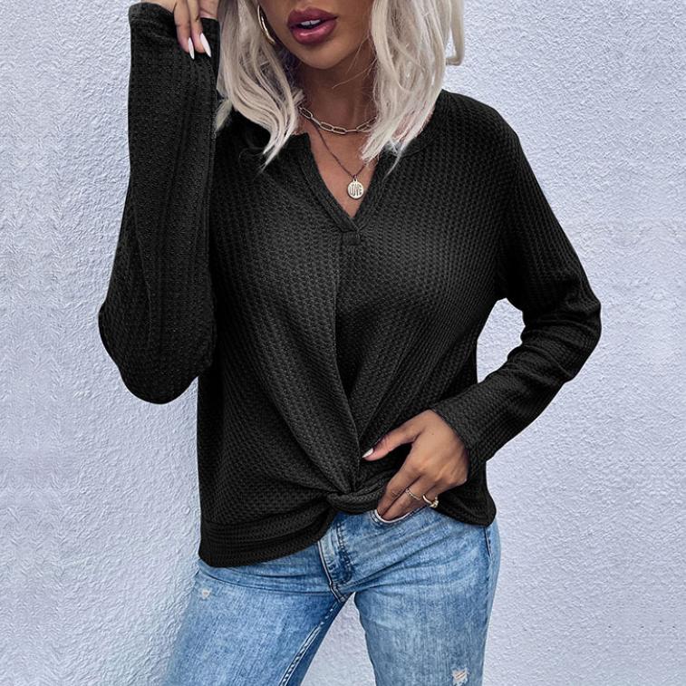 YYFS Women's Fashion Casual Solid Color Print Summer Spring Long Sleeve V-Neck Pullovers & Long Sleeves