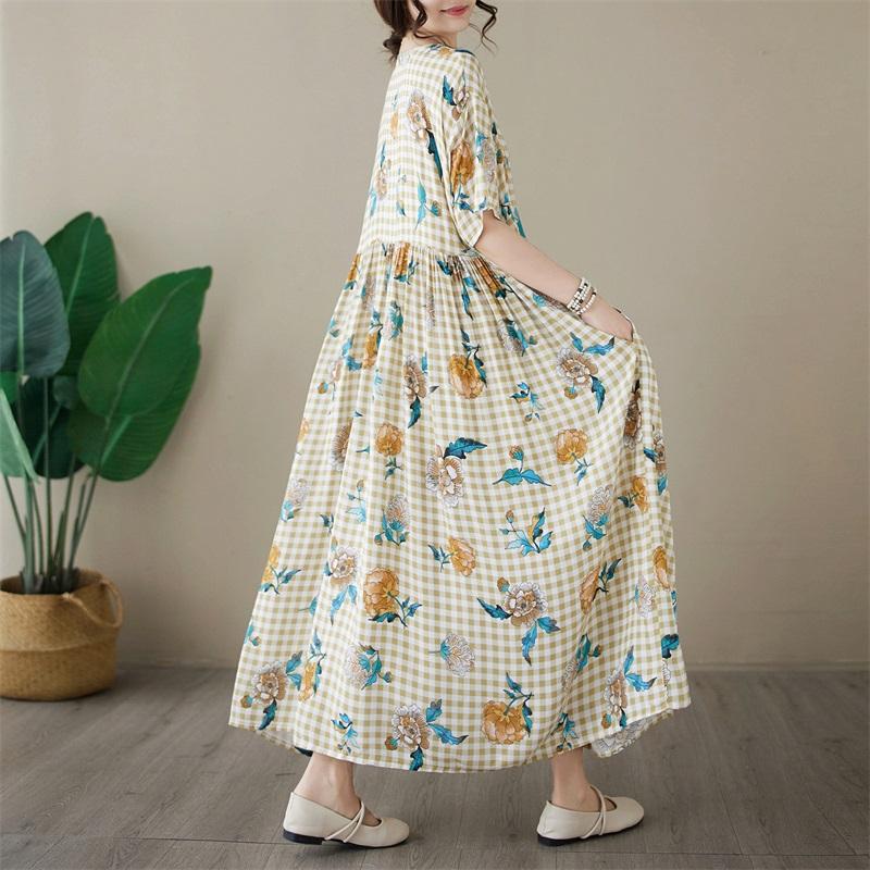 Short sleeve Plus size cotton vintage Plaid floral new in dresses for women casual loose long summer dress