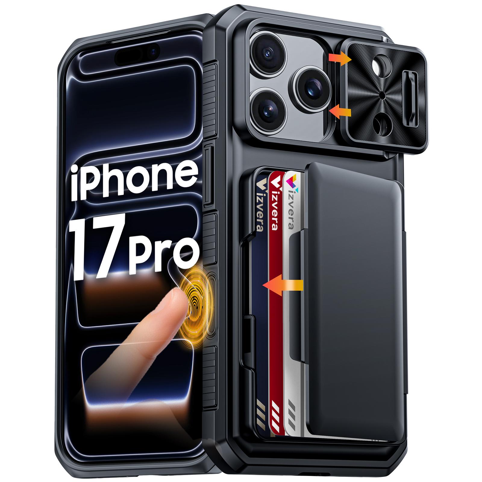 With Card Holder Sliding Camera Cover And Stand For iPhone 17 Pro Phone Case, Anti-Fall PC+TPU Wallet Case-Champagne чёрный