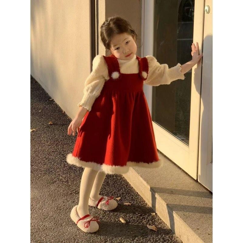Adorable Korean Children's Red Vest Dress Set For Girls Featuring Cozy Knitted Sweater For Christmas And New Year