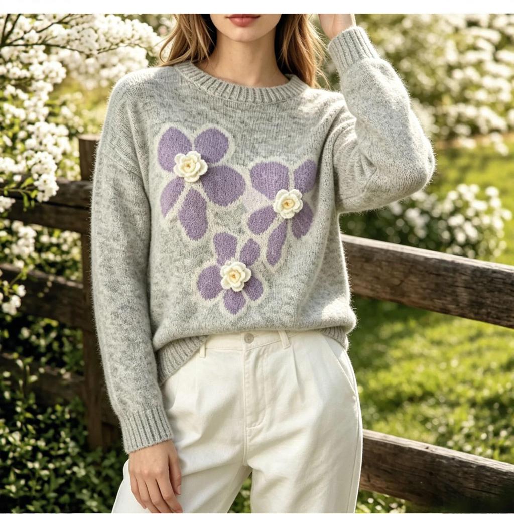 Women's Floral Jacquard Round Neck Sweater - Soft Knit Pullover for Autumn/Winter, Long Sleeve, Loose Fit