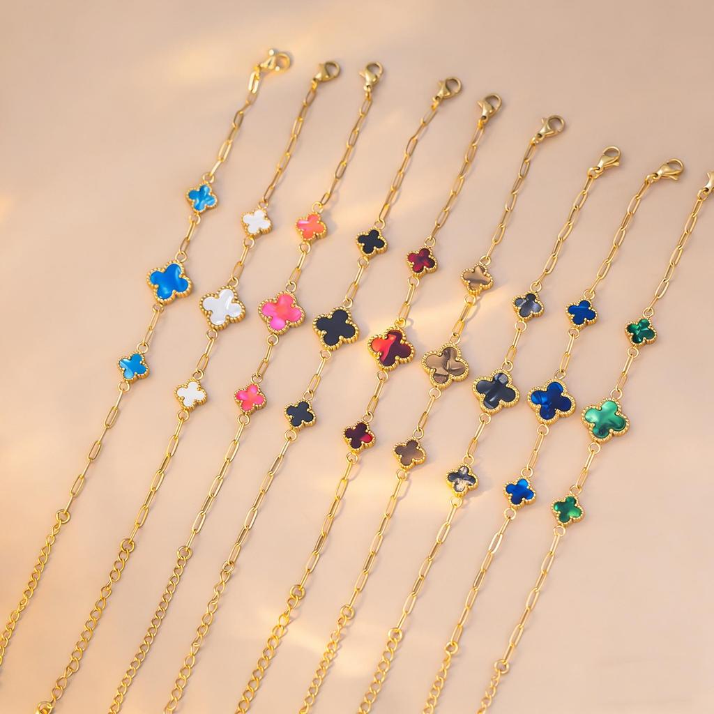 18K Light Luxury Titanium Steel Clover & Triple-Flower Bracelet with Mother-of-Pearl for Women