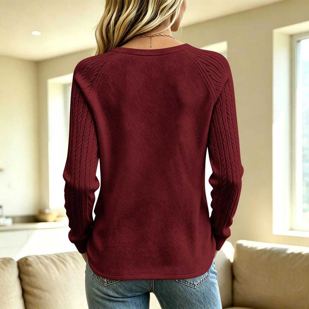 Women's Round Neck Long Sleeve Top, Color Slim Fit Blouse with Trim Sleeves for Casual Wear