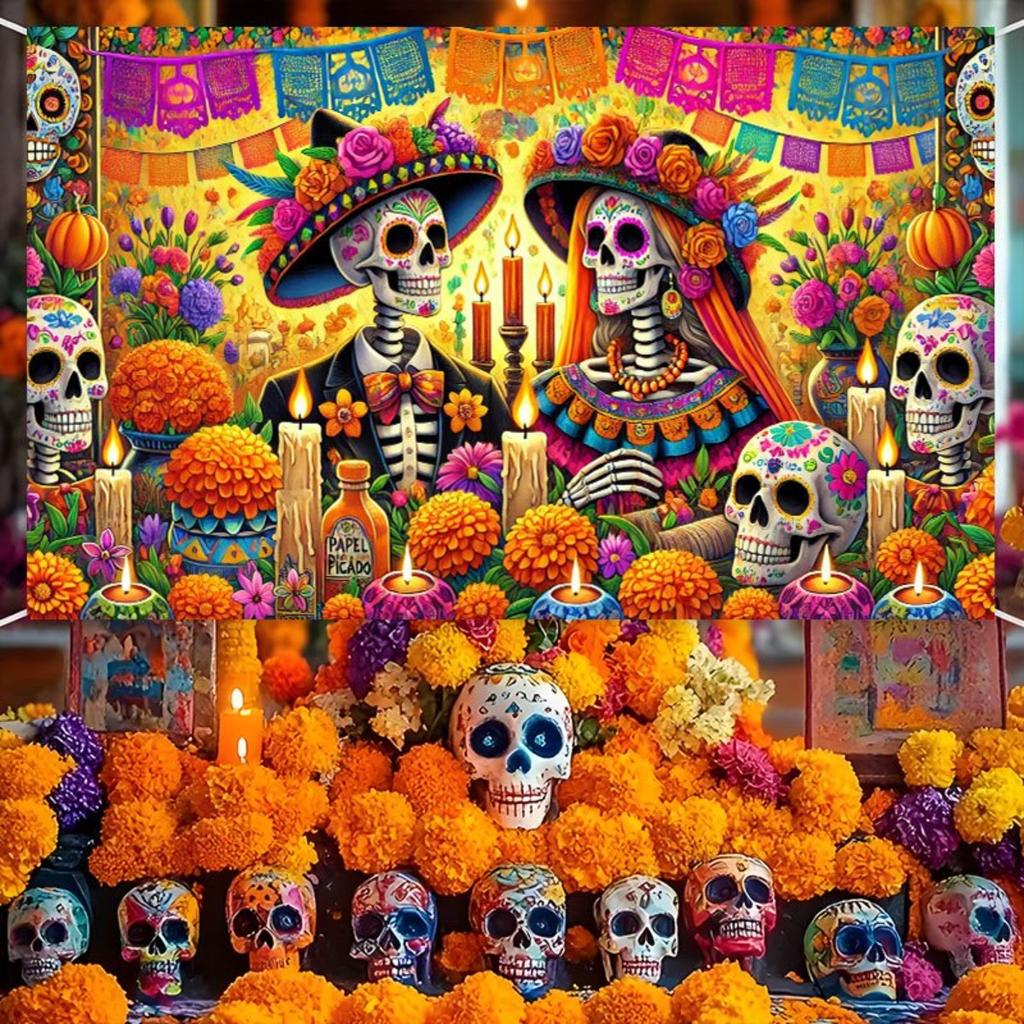 1 articolo, striscione decorativo teschio messicano colorato di Halloween e candela, per Halloween e varie celebrazioni