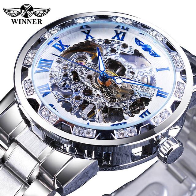 Winner Fashion Diamond Dial Men's Mechanical Watch Skeleton Watch Black Gold Retro Luminous Pointer PU Belt Mesh Belt Steel Belt