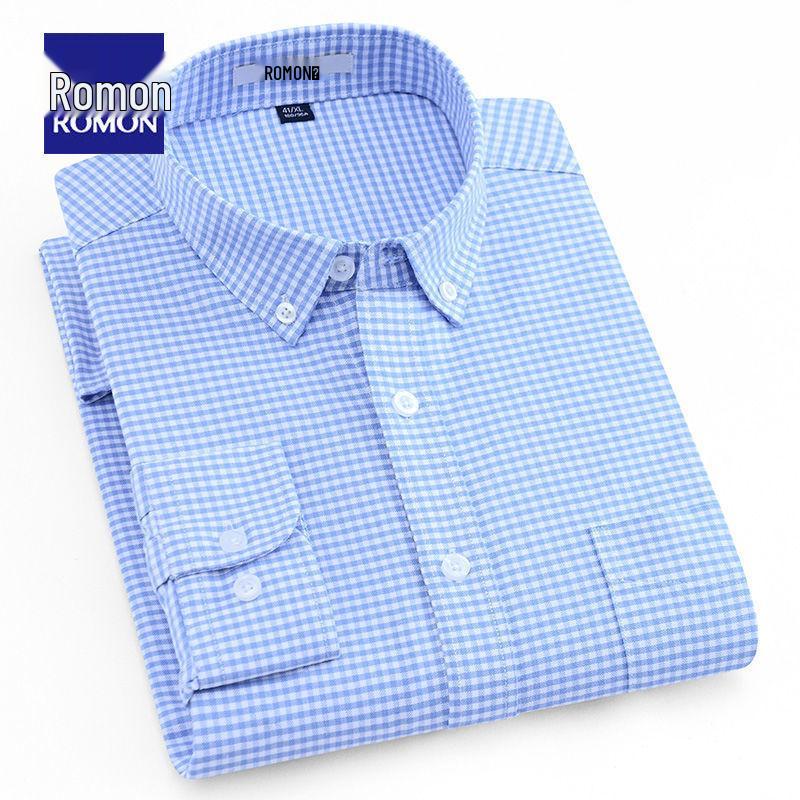 Romon Men's High-End Blue & White Cotton Oxford Long Sleeve Button-Down Shirt