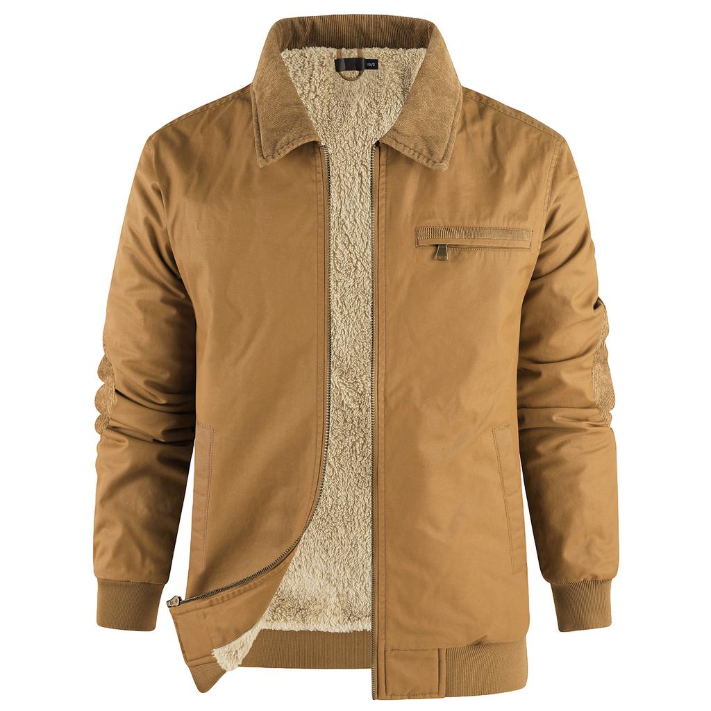 Men's Solid Color Zipper Pocket Work Jacket Men's Casual Trucker Fleece Jacket