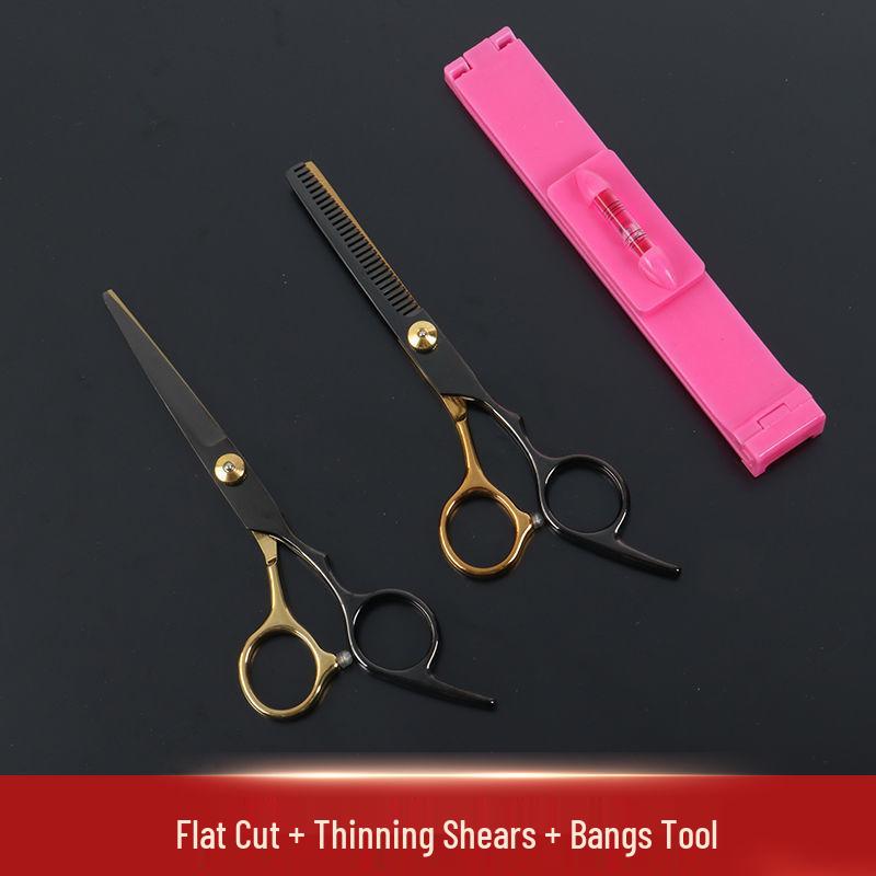 Black Gold Hairdressing Scissors Set: Flat Cut & Thinning Scissors for Women - Perfect for Home Haircuts and Bangs.