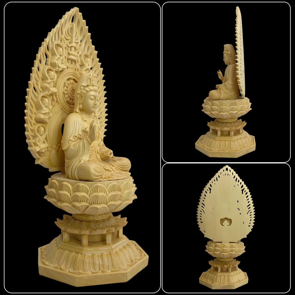 Lunari Buddha Statue, Shakyamuni Buddha, Kannon Bodhisattva, Flying Celestial Being Halo, Eight-Panel Base, Wood Carving, Seated Statue, Buddhist