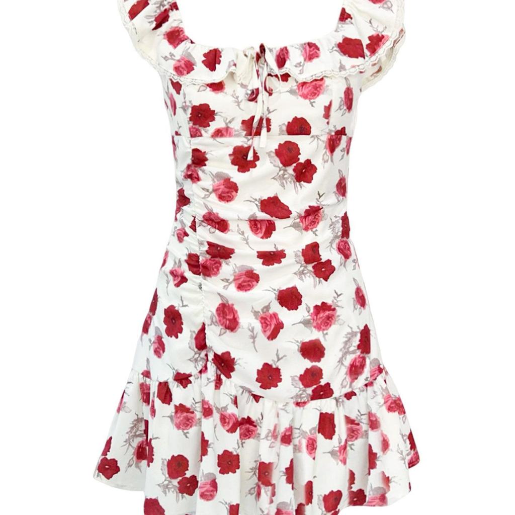 Holiday white retro red floral dress waist spring and summer new beautiful spice girl slim small flying sleeve skirt