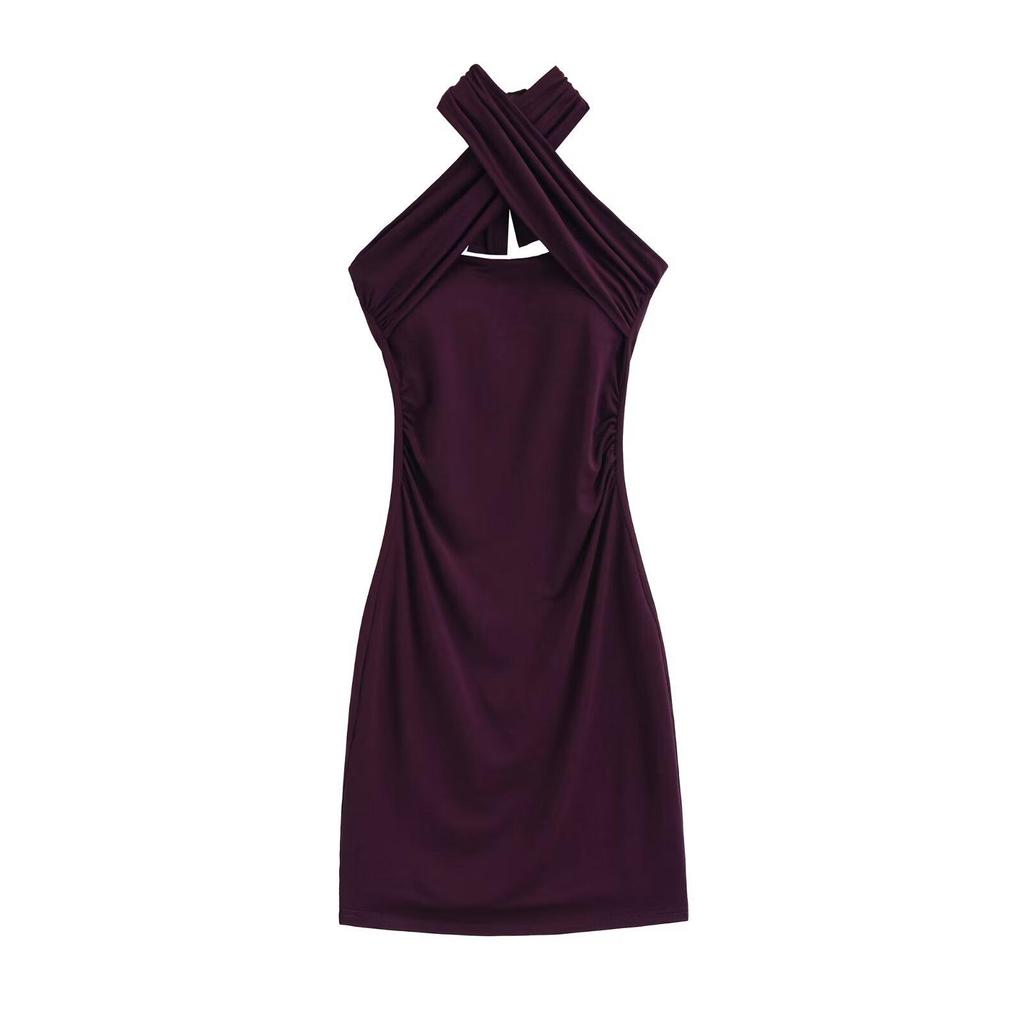 Elegant Halter Neck Cross Strap Bodycon Dress: Mature, Fashionable, Slim Fit Short Skirt for Women 2026.
