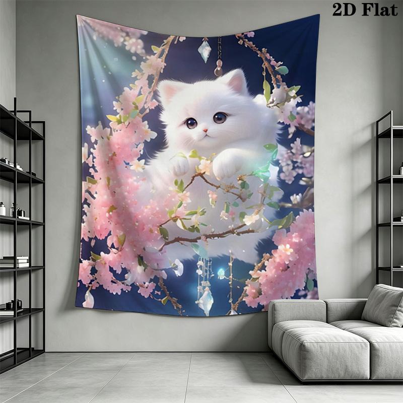 Whimsical Cat & Florals Pattern Home Decor Tapestry, Wall Hanging, Decorative RV Wall Cloth.ZGT0914425
