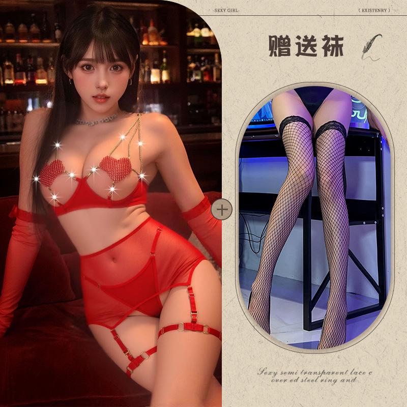 Sex underwear women's love chain hollow perspective temptation mesh bed teasing abstinence soul set
