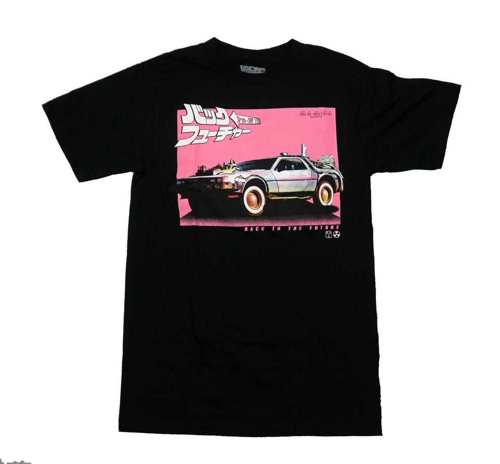 Back to the Future New Adult T-Shirt - DeLorean Below Kanji Pink Background