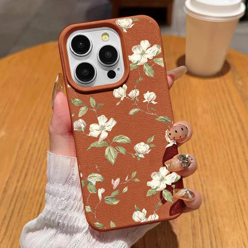 White Flowers Leaves Leather Phone Case For IPhone 15 12 14 13 11 16 17 Pro Max Plus 17 Air 16E Silicone New Design Luxury Cover