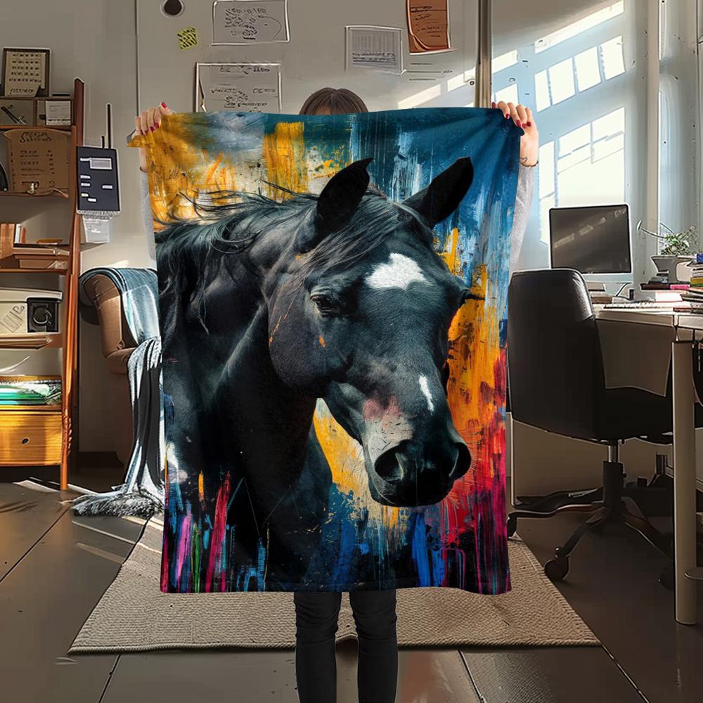 1Pc Black Horse Print Flannel Blanket, High Quality Comfortable for All Seasons, Home Decor, Warmth and Comfort, Perfect for Gifts