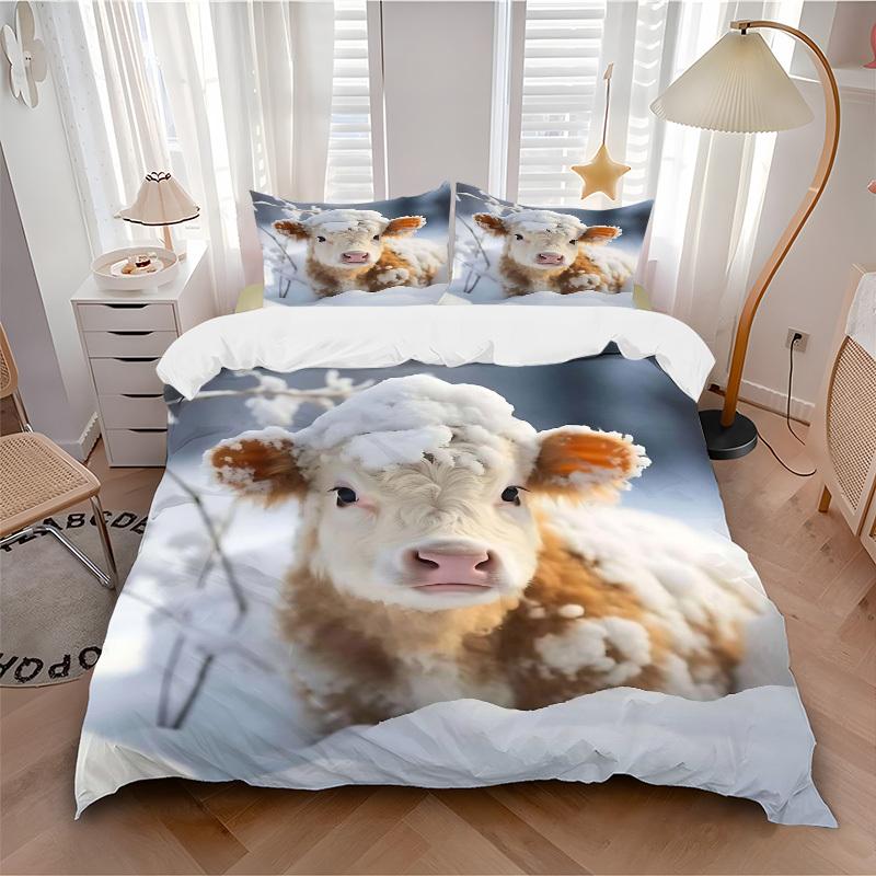 3pcs Winter Wonderland Cow Bedding Set - Includes One Quilt Cover and Two Pillowcases (No Core) - Festive Gift for Home Decor - Polyester Fa