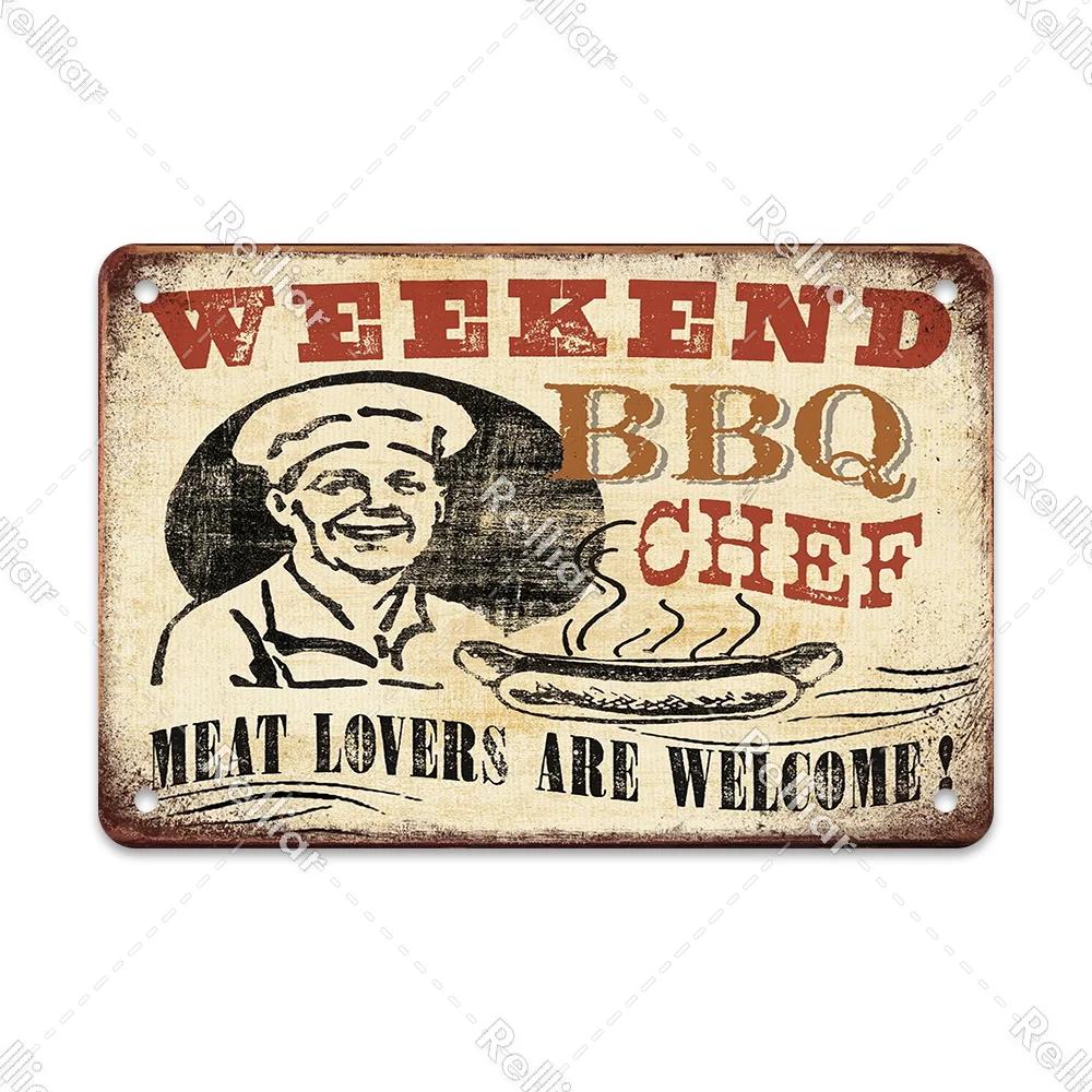 BBQ Party Metal Tin Plaque Retro Yard Garden Wall Decoration Signs Marked Barbecue Rules Slogan Plate Vintage Grill Poster