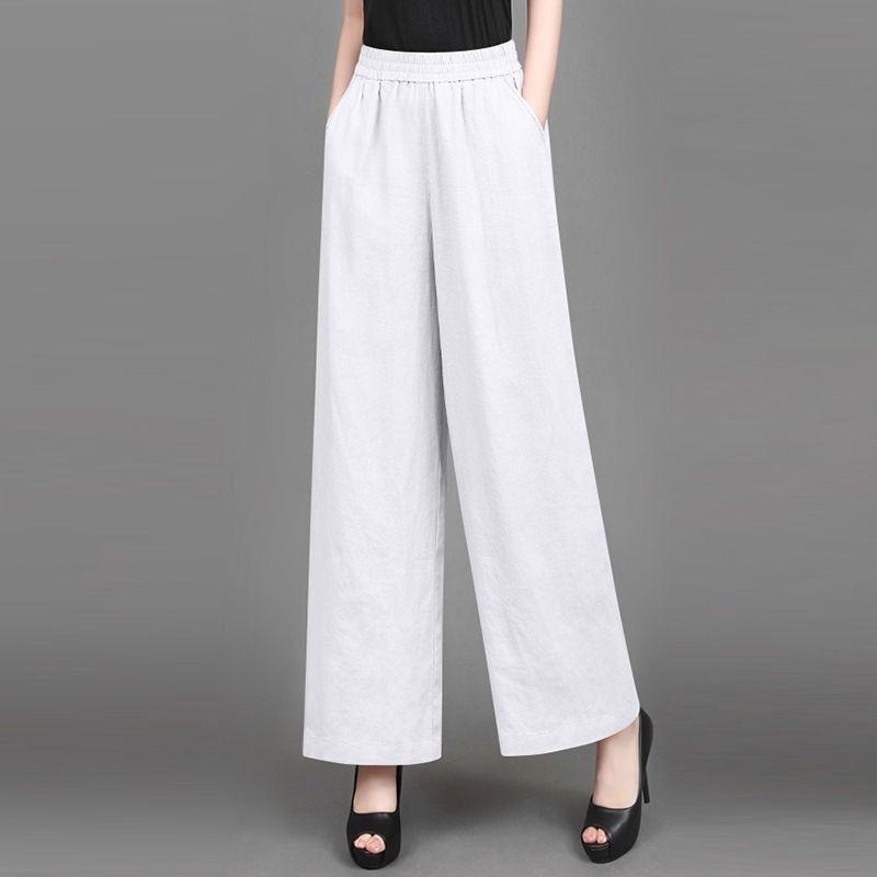 Women's 2025 Summer Cotton Linen Wide-Leg Pants - Simple, Casual, Thin, Loose, Elastic High Waist