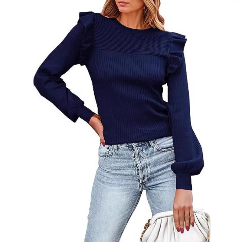 Autumn and Winter New Round Neck Knitted Round Neck All Match Women's Wear Casual Long Sleeve Casual Lantern Sleeve Tops